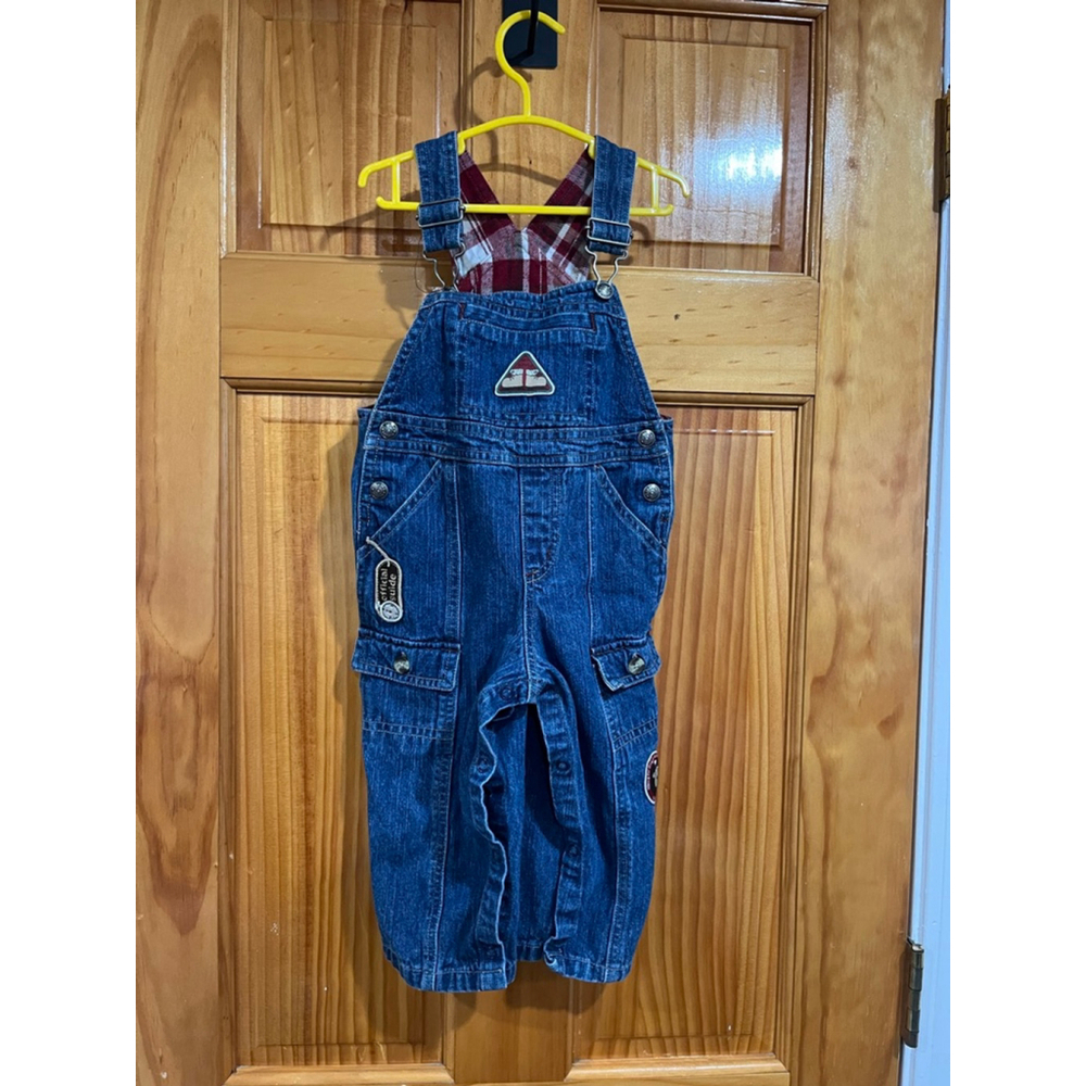 Little Legends Toddler Overalls 18M Blue Denim Plaid Lined Carpenter Jeans Patch